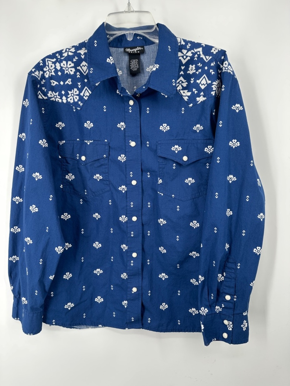 Classic Western Snap-Front Shirt in Royal Blue with White Print
